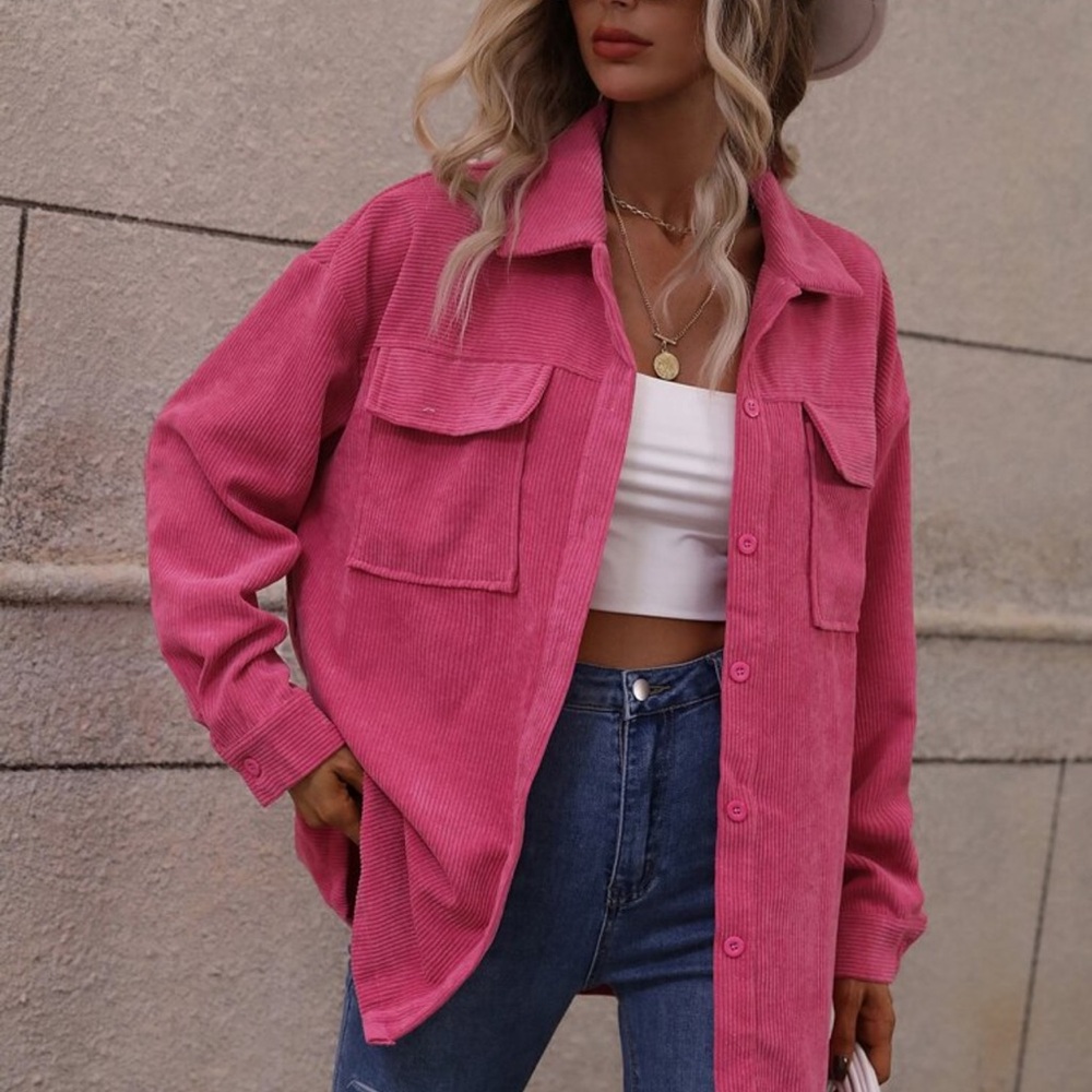 SHEIN Vibrant Pink Corduroy Utility Jacket